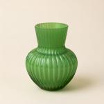 Green Ribbed Glass Vase - Bulbous Design