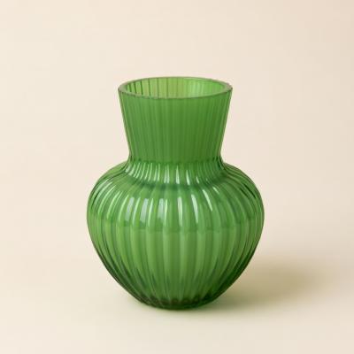 Green Ribbed Glass Vase - Bulbous Design