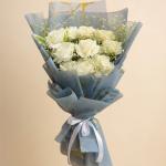 Elegant White Roses Bouquet with Blue & Gold Marble Wrap