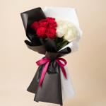 Red & White Roses Bouquet with Black & Magenta Ribbon