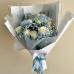 Elegant White Roses & Blue Baby's Breath Bouquet with Vogue Touch