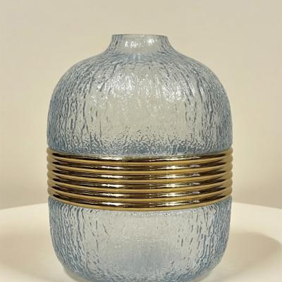 Textured Blue Glass Vase with Gold Bands