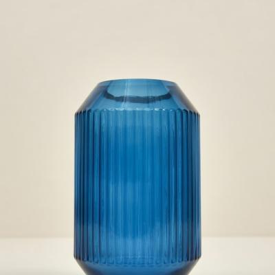 Blue Ribbed Glass Vase - Faceted Design