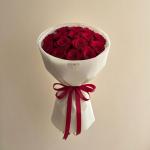 Classic Red Roses Bouquet in White Wrap with Red Ribbon