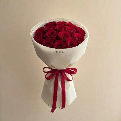 Classic Red Roses Bouquet in White Wrap with Red Ribbon