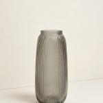 Tall Ribbed Smoky Grey Glass Vase | Modern Vertical Ribbed Flower Vase