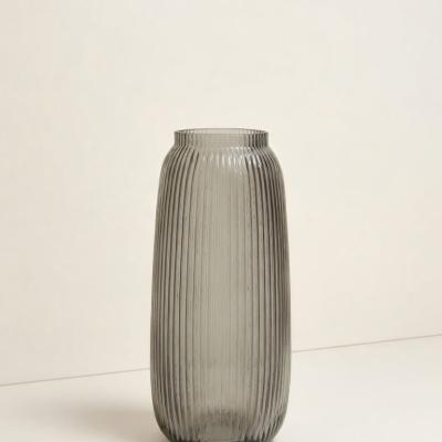 Tall Ribbed Smoky Grey Glass Vase | Modern Vertical Ribbed Flower Vase